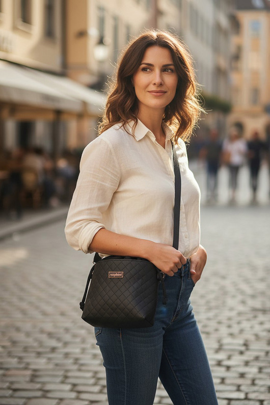 torebki mini Czarna pikowana listonoszka z kominem