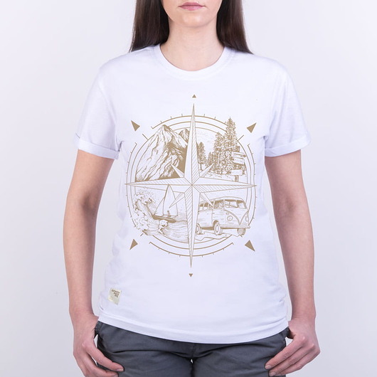 t-shirt damskie Koszulka damska RÓŻA WIATRÓW kompas podróżnik busola biała -