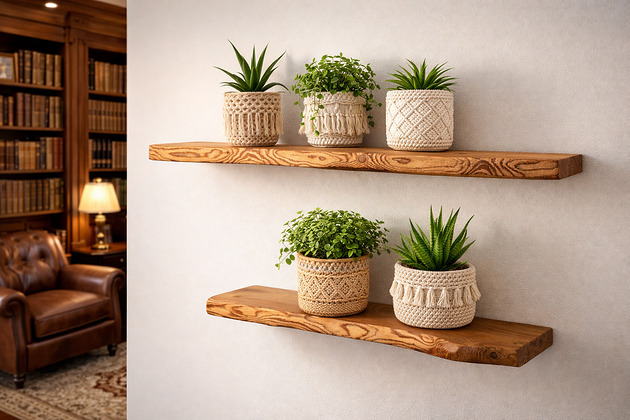 półki Półka drewniana wisząca na ścianę z żywą krawędzią grubość 38 mm