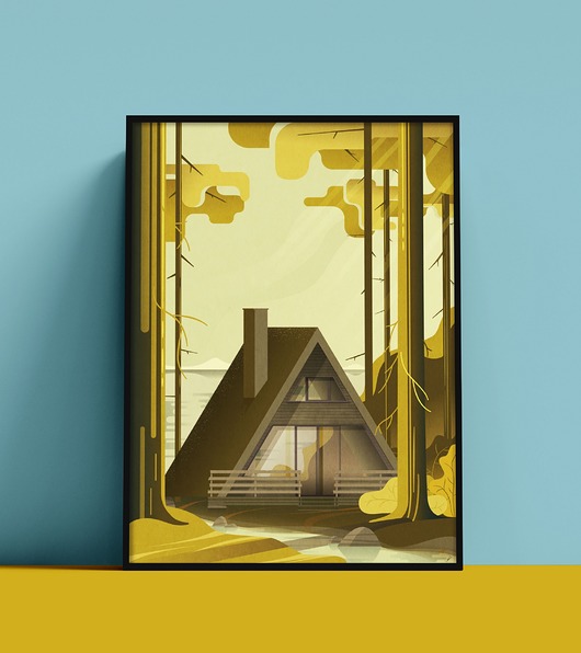 plakaty Plakat Domek typu BRDA, letni wywczas nad jeziorem w lesie