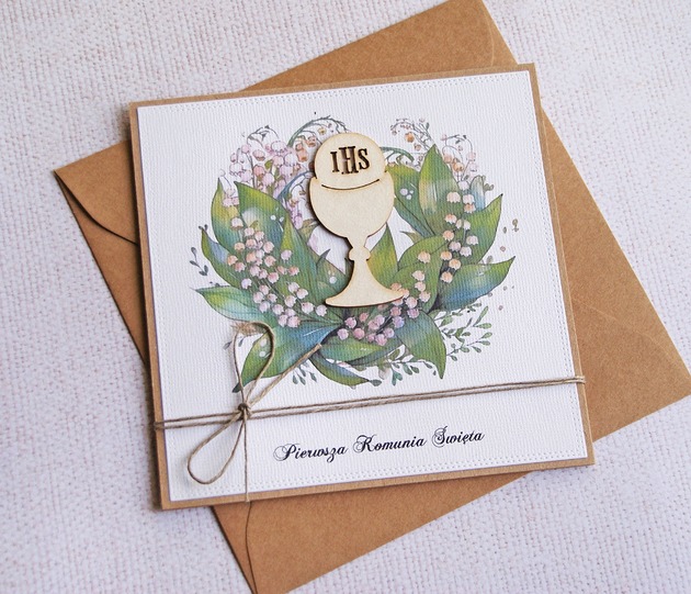 kartki na komunię Kartka z życzeniami : konwalie : I Komunia Święta - hostia