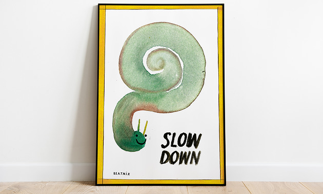 plakaty Plakat  SLOW DOWN grafika ślimak urodziny ilustracja do domu