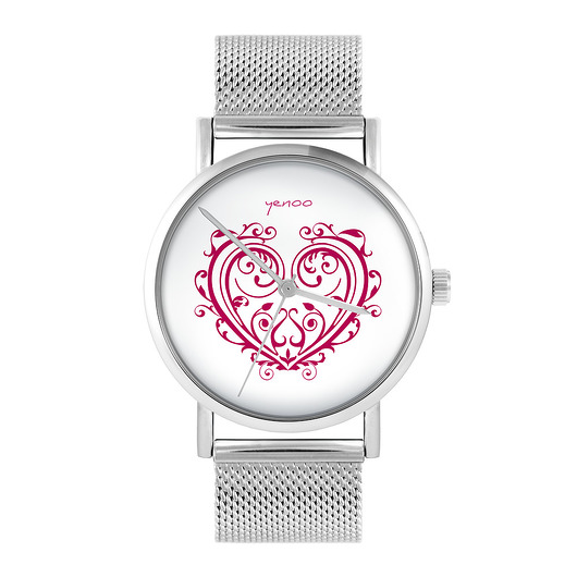 zegarki damskie Zegarek - Serce ornamentowe - bransoleta mesh