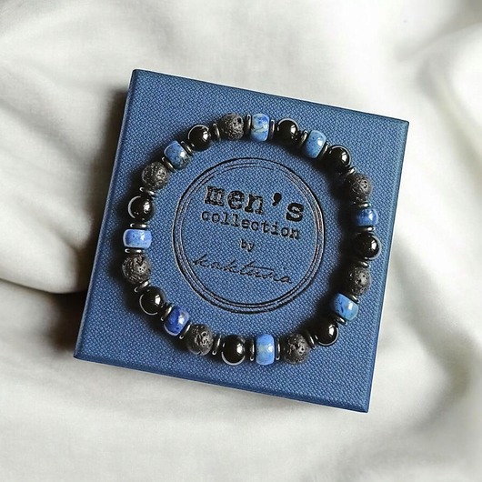 biżuteria męska PREMIUM : DUMOTRIERYT, turmalin, lawa, hematyt