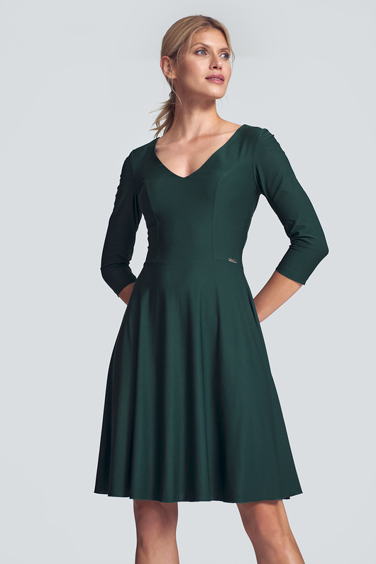 sukienki midi damskie Elegancka rozkloszowana sukienka midi z dekoltem w serek i rękawem 3/4 - M709