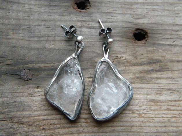 kolczyki wire wrapping bryłki lodu - kryształ górski  - kolczyki