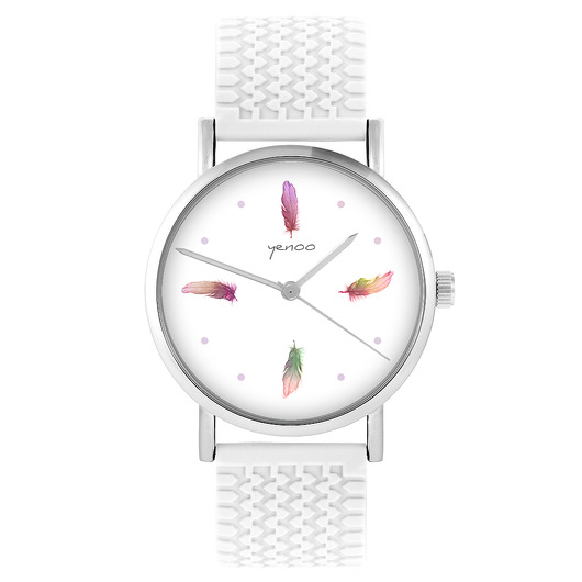zegarki damskie Zegarek - Kolorowe piórka - silikonowy, biały
