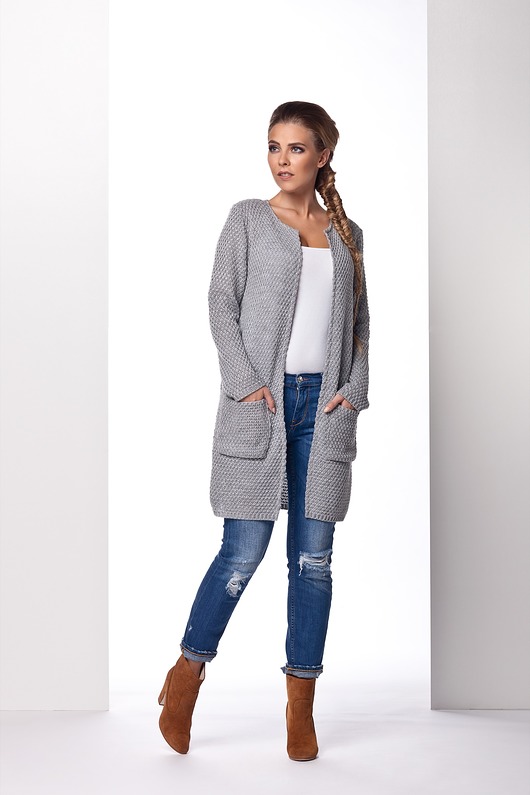 Sweter KARDIGAN jasnoszary z kieszeniami TRENCZ  Dressroad
