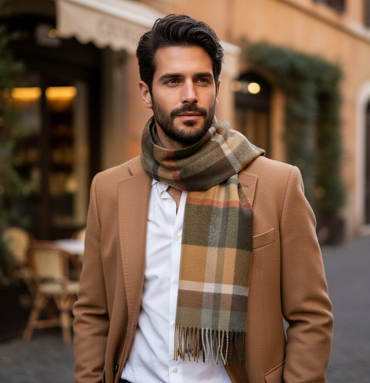 tuby i kominy Szalik Męski Brązowy Karmelowy Kratka Wełna