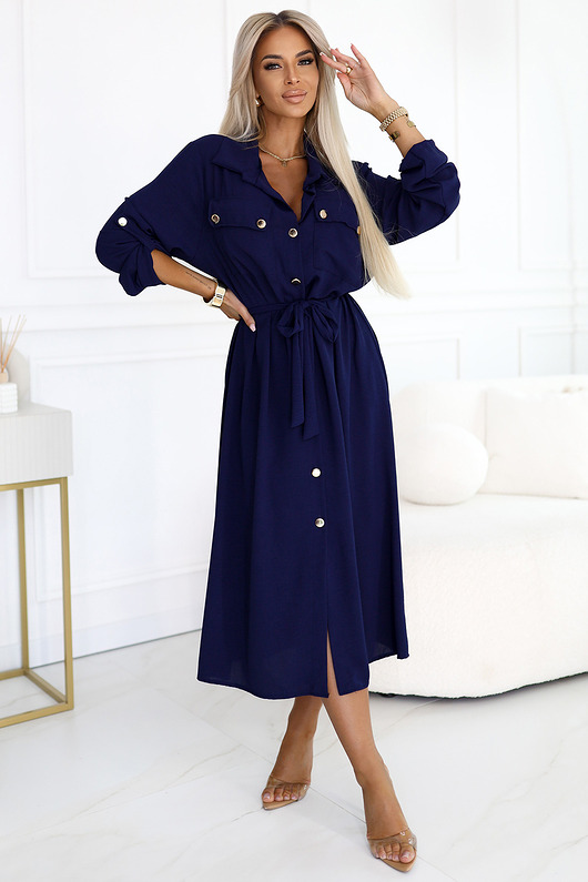 sukienki midi damskie 531-6 Szmizjerka midi ze złotymi guzikami i wiązaniem - GRANATOWA - UNI