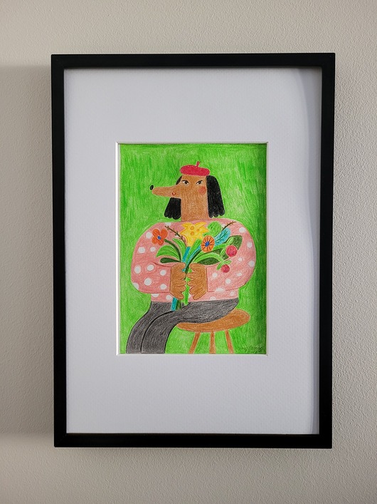 grafiki i ilustracje Oryginał w ramce / pies z bukietem