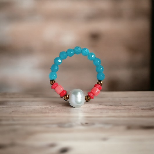pierścionki elastyczne Pierścionek : summer :: perła, koral, jadeit