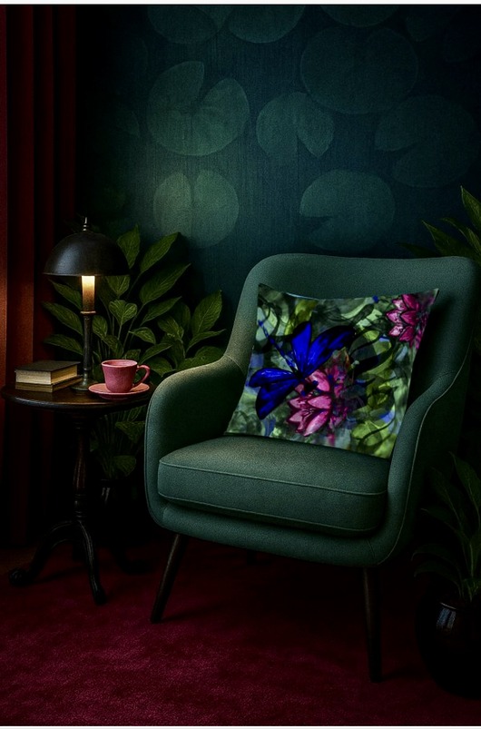 poduszki z grafiką Aksamitna PODUSZKA dekoracyjna, autorski print NENUFARY lilie wodne i ważki