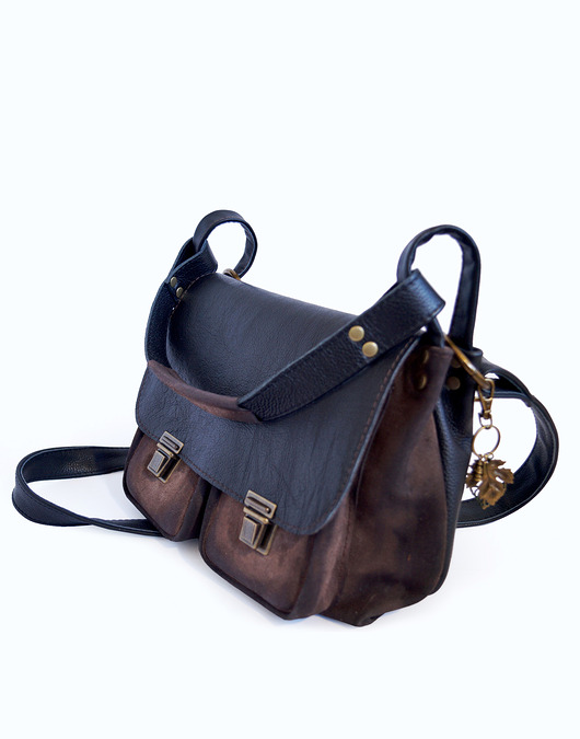 torby na ramię VANDA L. skórzana torba postarzana skóra naturalna zamsz CZARNA BRĄZ