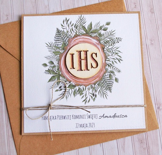 kartki na komunię Kartka, PERSONALIZACJA : I Komunia Święta : hostia : drewno