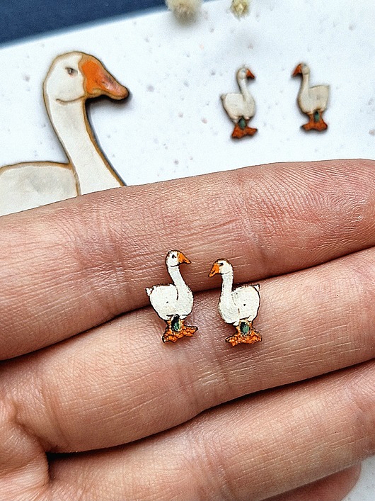 kolczyki drewniane Gęsi malowane