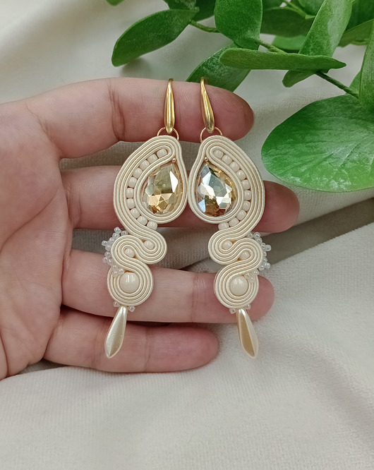 kolczyki soutache Długie złote kolczyki, kolczyki ecru, kolczyki na ślub