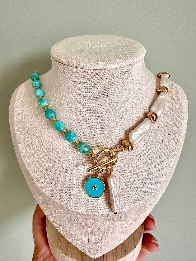 chokery Naszyjnik z perłami i amazonitem