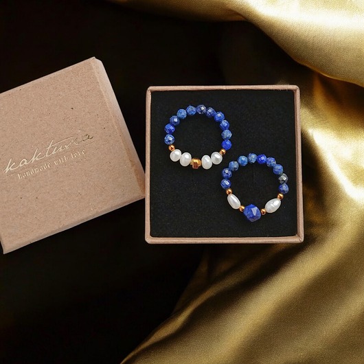 pierścionki elastyczne PREMIUM : zestaw pierścionków : lapis lazuli, perły