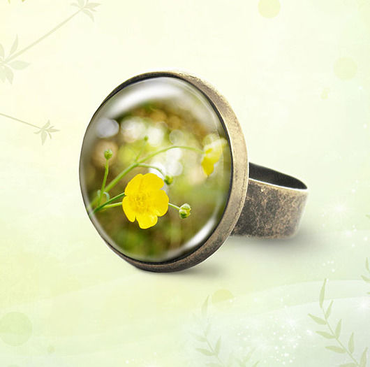 pierścionek z żywicy Pierścionek - Żółty kwiat - brąz