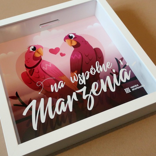 ramki na zdjęcia Ramka Skarbonka na walentynki "Papużki nierozłączki"