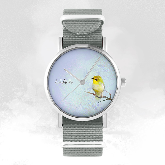zegarki damskie Zegarek - Ptaszek żółty - szary, nylonowy