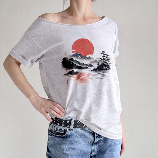 t-shirt damskie Japoński krajobraz Szary Oversize