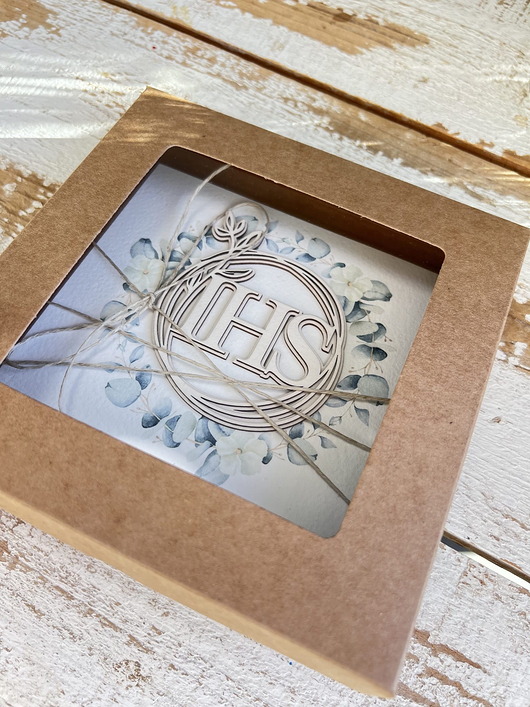 kartki na komunię Ręcznie robiona kartka komunijna z personalizacją w wianku od ojca chrzestneg
