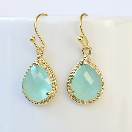 kolczyki szklane mint green teardrops in gold