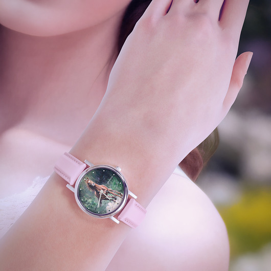 zegarki damskie Zegarek mały - Koń, las - skórzany, pudrowy róż