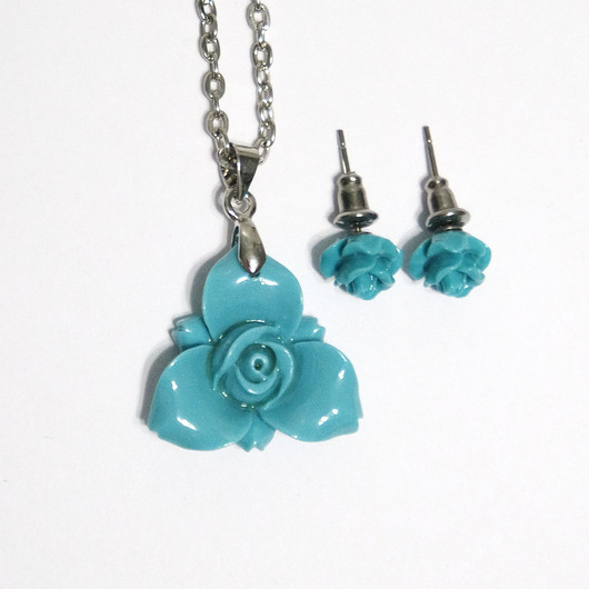 komplet biżuterii Komplet mały - Turkusowo niebieska róża - koral