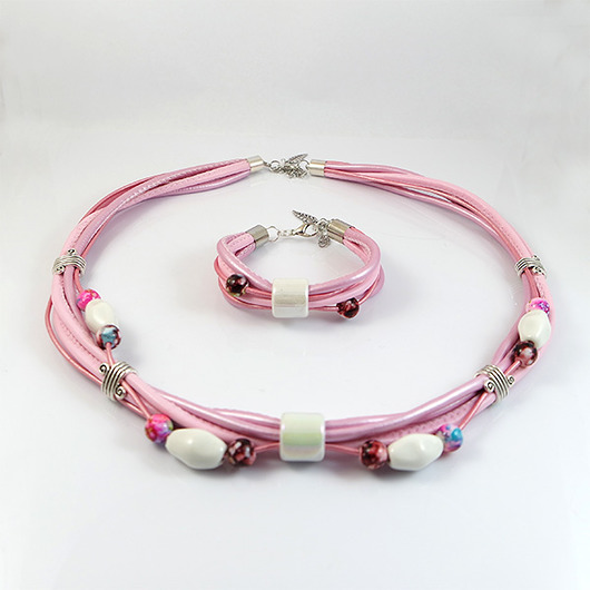 komplet biżuterii Komplet - Różowy - ceramiczne korale