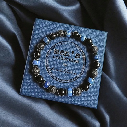 biżuteria męska PREMIUM : DUMOTRIERYT, turmalin, lawa, hematyt