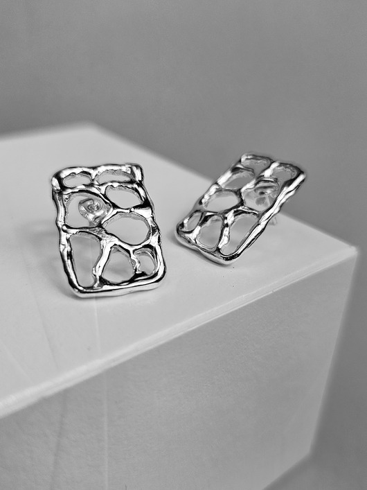 kolczyki srebrne Ażurowe organiczne kolczyki srebrne prostokąty SMUGI