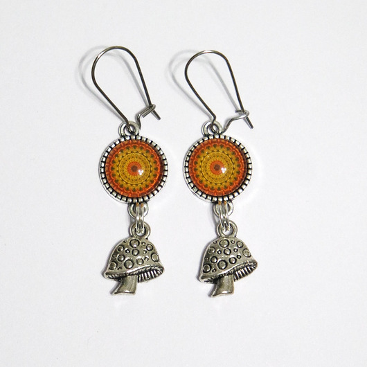 kolczyki szklane Kolczyki - Grzybki, mandala - wiszące