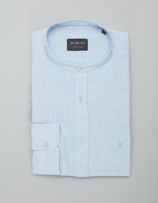 koszule męskie Koszula męska lniana ze stójką lentini 00388 błękit classic fit