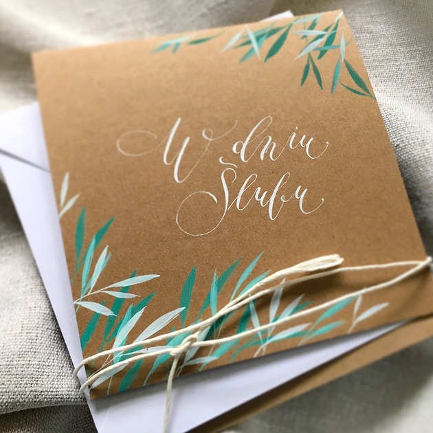 kartki scrapbooking Kartka ślubna ręcznie malowana i kaligrafowana rustykalna z liśćmi