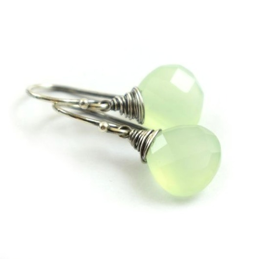 kolczyki wire wrapping Chalcedon seledynowy w srebrze - kolczyki