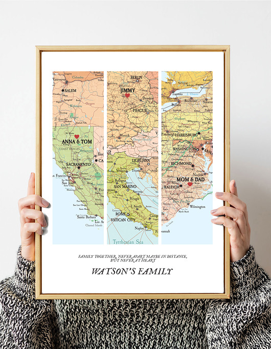 Plakat Personalizowana mapa serca 3 lokalizacje RODZINA wejustlikeprints