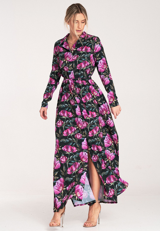 sukienki maxi damskie Elegancka sukienka koszulowa maxi z długim rękawem i guzikami - M1077