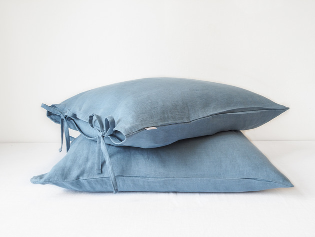 poduszki gładkie Lniana Poszewka Troczki DUSTY BLUE