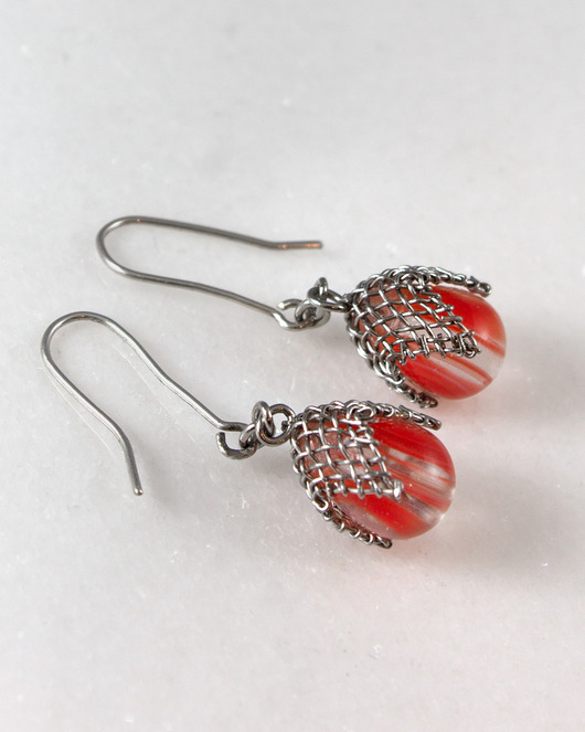 kolczyki wire wrapping Oranżowe prążki w siateczce - kolczyki (lub klipsy)