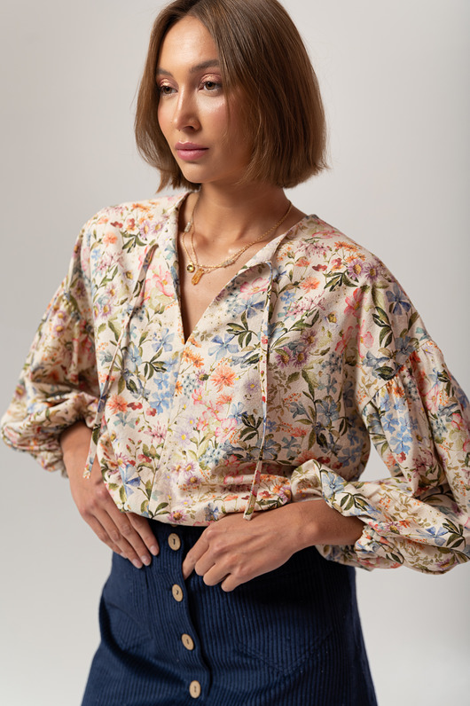 koszule damskie  Jedwabna koszula, FLORAL BLUE SPRING