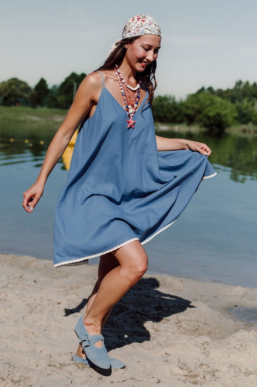 sukienki mini damskie Jedwabna sukienka na ramiączkach, MARINA, OCEAN BLUE