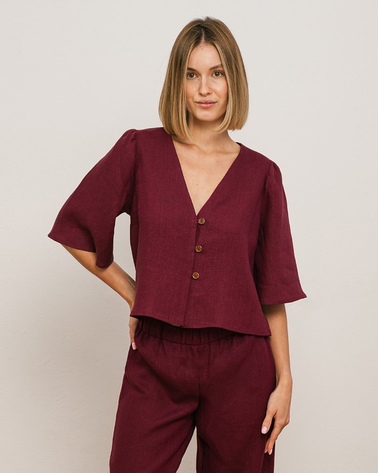 koszule damskie Bluzka lniana śliwkowa