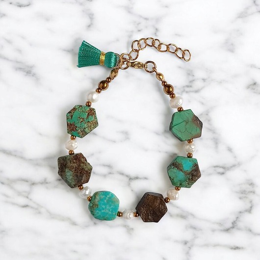bransoletki z kamieni naturalnych UNIKAT : turkus i perły : unikatowa bransoletka