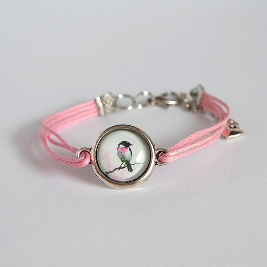 bransoletki ze szkła Bransoletka - Ptaszek - różowa, sznurki