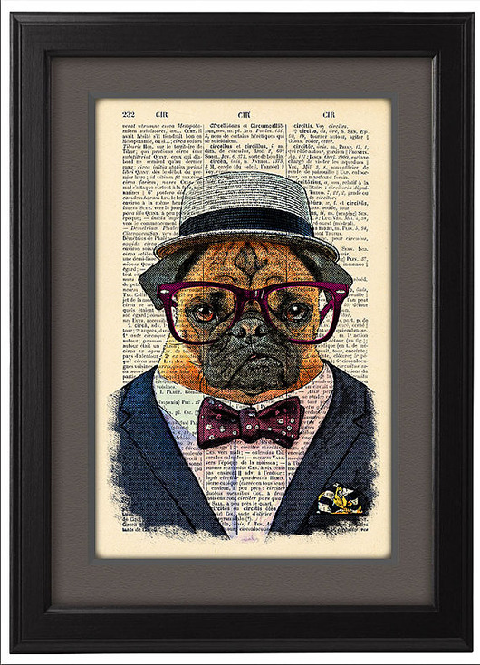 Plakat, grafika, ilustracja, mops w kapeluszu  nkcraftstudio