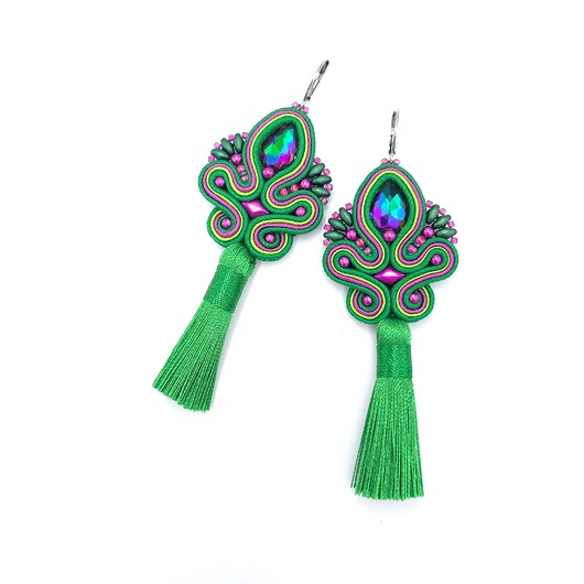 kolczyki soutache Kolczyki sutasz z chwostami zielone kolorowe długie na wiosnę Cosima
