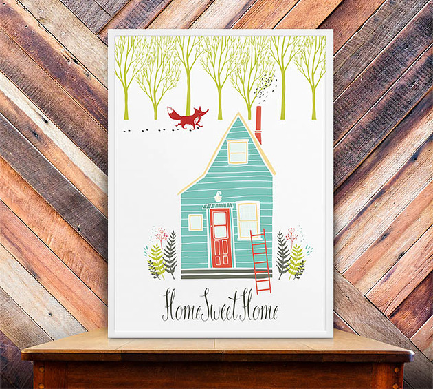 plakat. las, lis i domek Love Life and Forest